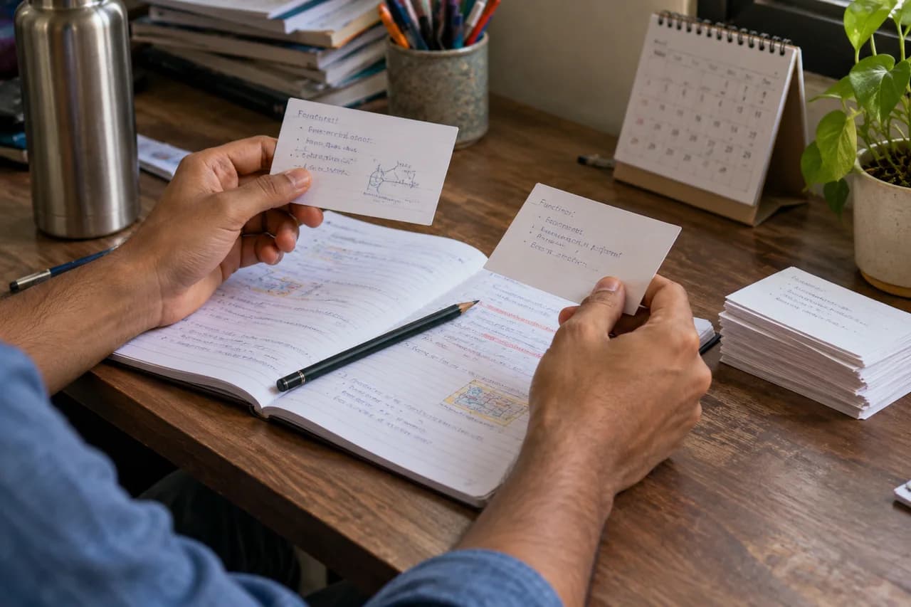 Handwritten flashcards and a notebook arranged for recall practice