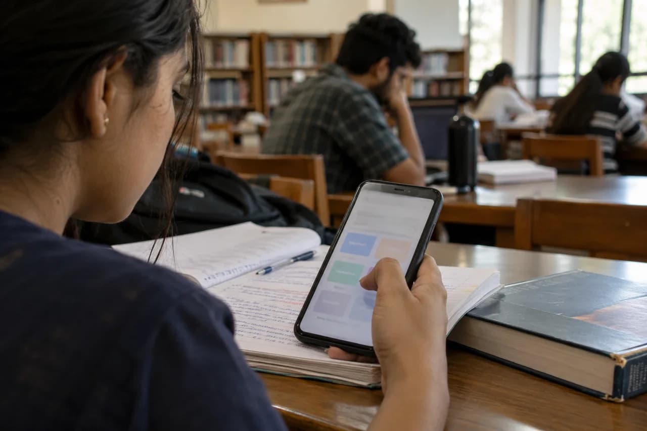 Student using a study app beside a notebook and textbook