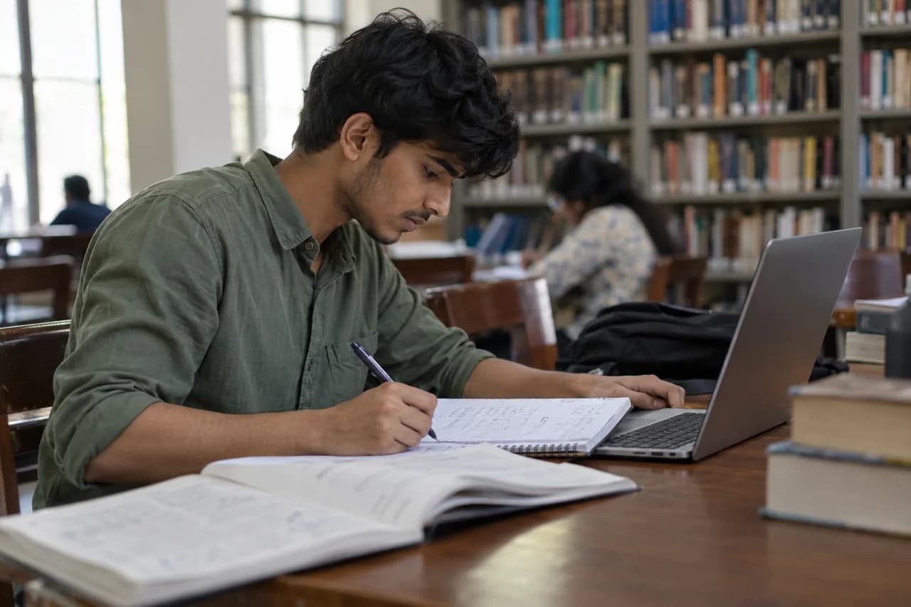 Student consulting a laptop while working through a problem in a library