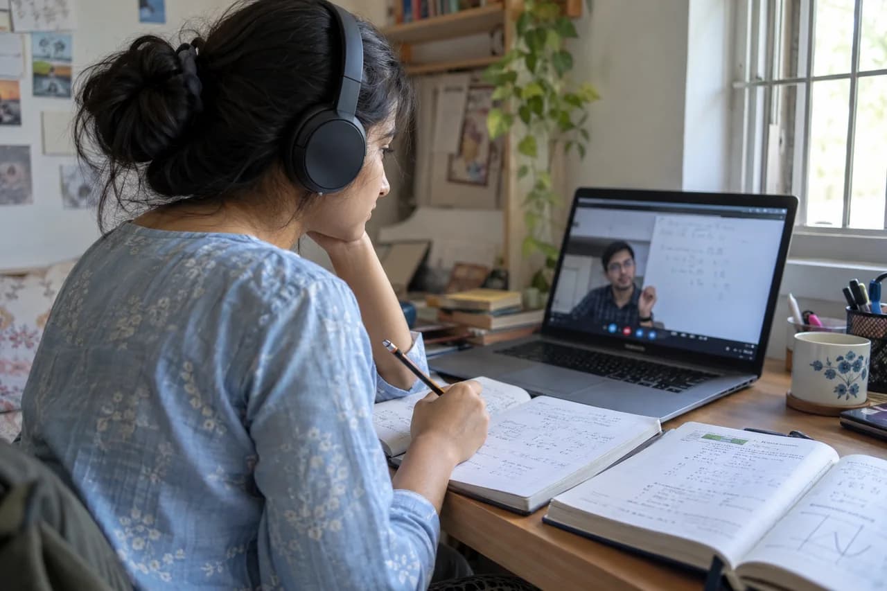 Student with headphones working through an online tutoring session